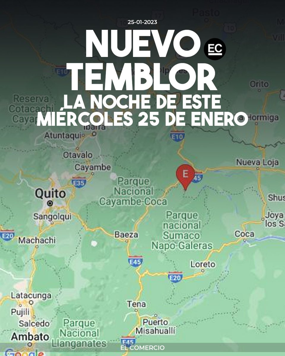 elcomerciocom's tweet photo. #ATENCIÓN | Un #sismo de magnitud 4.6 se registró la noche de este miércoles 25 de enero del 2023 en Shushufindi, Sucumbíos » https://t.co/JwxFbmz14J

¿Lo sintió en su localidad? https://t.co/7RDNCoyGfT