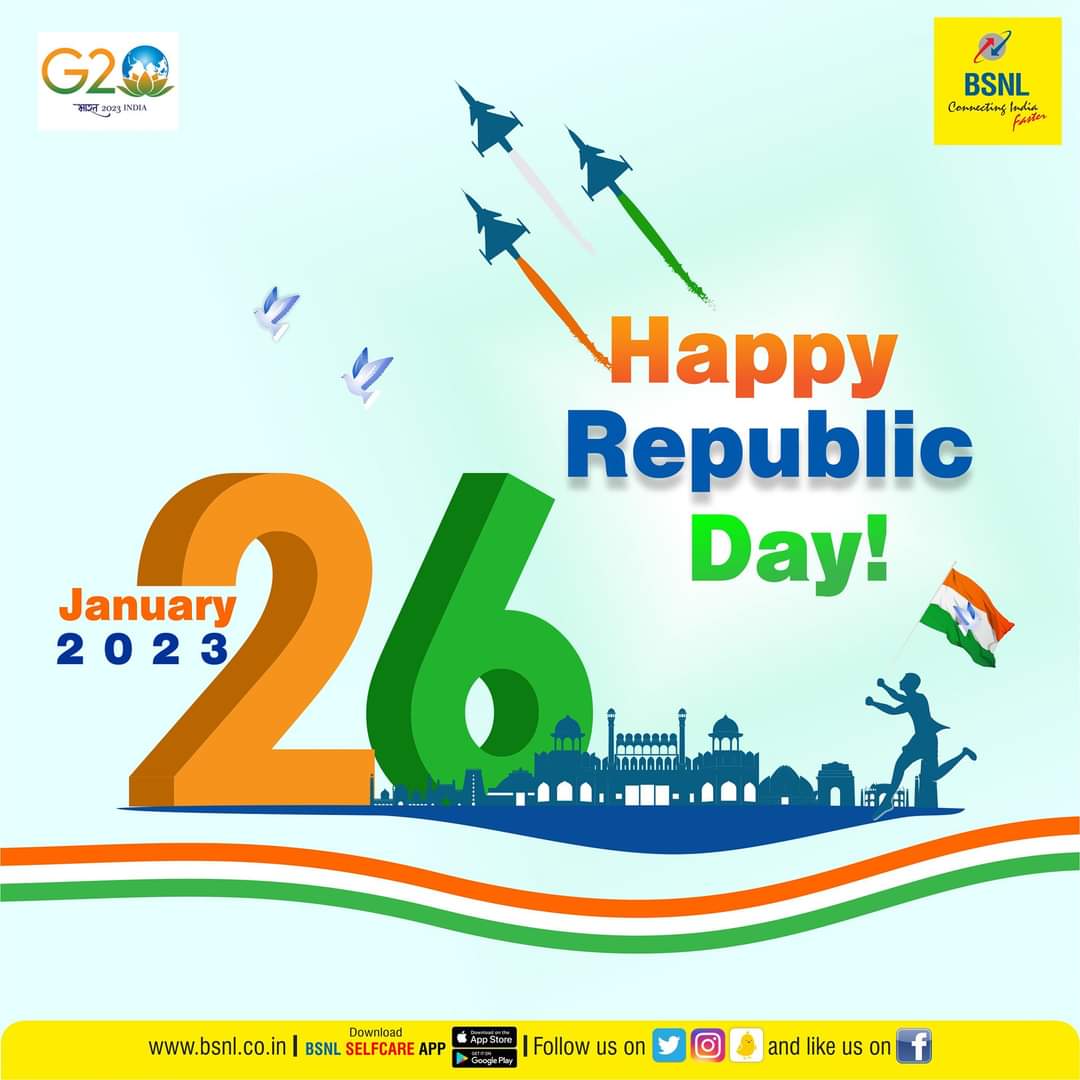 Celebrating the day when our constitution was officially adopted making India a republic nation. 

#HappyRepublicDay #RepublicDay #G20India #SwitchtoBSNL #BSNL #4G #Prepaid #Postpaid #MNP #Broadband #FTTH #LeasedLines  #MGMargCSC #Gangtok #Sikkim