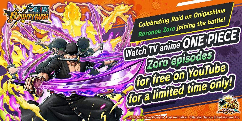 ONE PIECE Bounty Rush on X: ／ Celebrating #RaidZoro joining #BountyRush,  select Zoro anime episodes are free to watch for a limited time! ＼  🎥Episode 2 🎥Episode 1027 Until 2/8! *Not available