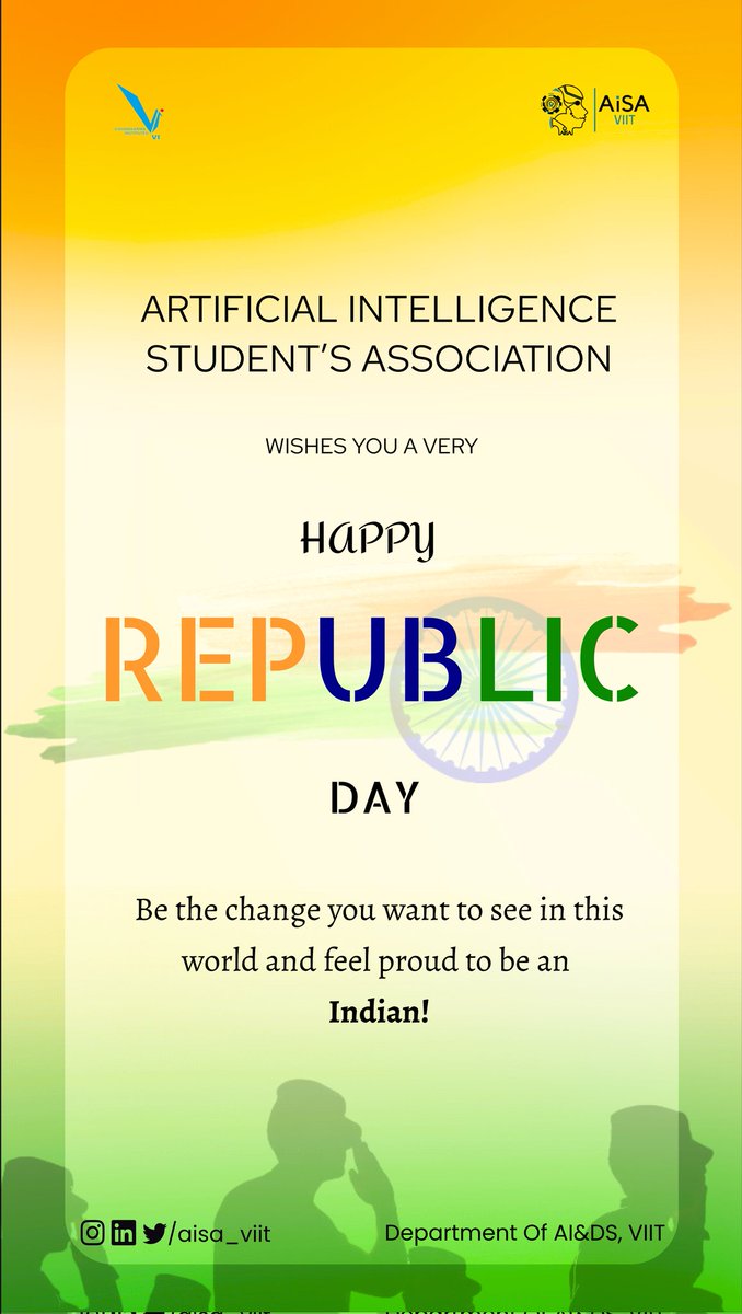 aisa_viit's tweet photo. Don't let 'Vande Mataram' turn into 'one-day Mataram'.
Let's celebrate freedom, and feel proud of our rich heritage every single day.
#26january #RepublicDay2023 #Nationalfestival #aisa #viit https://t.co/FsYsd7aJex