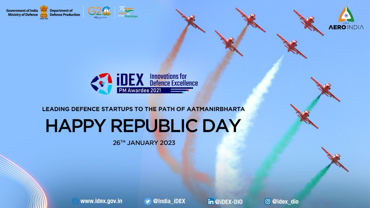 India_iDEX's tweet image. #iDEX की ओर से विश्व के सबसे बड़े लोकतंत्र के 74वें गणतंत्र दिवस की सभी देशवासियों को हार्दिक शुभकामनाएं।

मन में स्वतंत्रता, विचारों में नवाचार, बुद्धि में कौशल और कुछ नया करने का Defence Startups का जज़्बा देश को आत्मनिर्भर बनाने की दिशा मे तेजी से अग्रसर हैं |
#RepublicDay2023