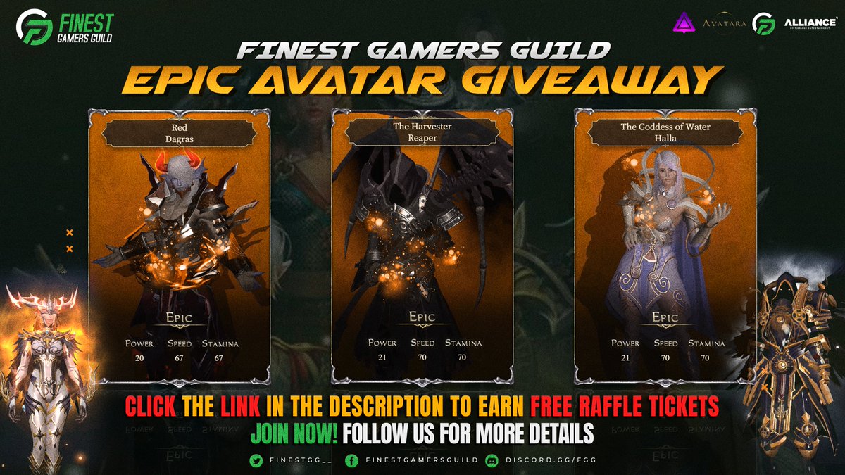 🔥🔥🔥 Epic Avatar Giveaway 🔥🔥🔥
Finest Gamers Guild - FGG is giving out NFTs from the game

Click the link below for more details
facebook.com/photo/?fbid=16…

#LevelUpYourGame #BecomeFinest
#Alliance #TrulyTopTier 
#Avatara #NFTGiveaway