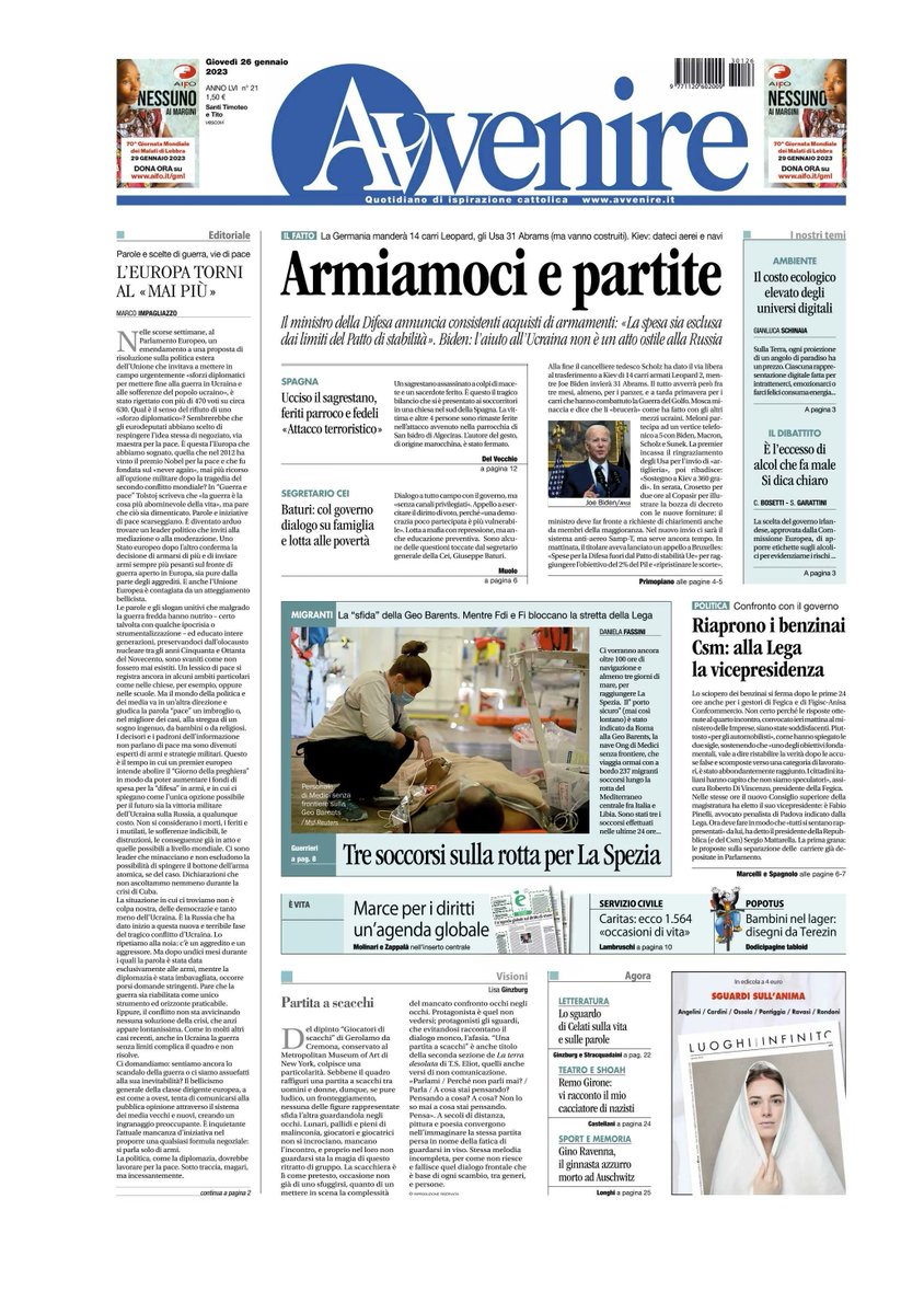 Avvenire_Nei's tweet photo. Buongiorno. Buon #26gennaio                                              
Ecco la prima pagina di #Avvenire di oggi. 
🔴 A questo link puoi leggere  l’edizione digitale, acquistare la copia digitale o abbonarti 
https://t.co/pa4wOW0ZYX https://t.co/oTwK45Pf7a