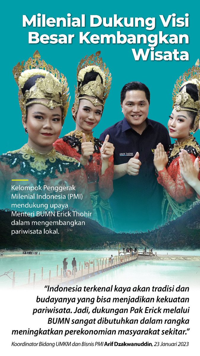 liburanyukita's tweet photo. Kelompok Penggerak Milenial Indonesia (PMI) mendukung upaya Menteri BUMN Erick Thohir dalam mengembangkan pariwisata lokal.

#KitaHadapiKitaAtasi
#erickthohir #etroopersjabar #etroopersaction #ethosukabumi #ethocianjur #sukabumi #cianjur https://t.co/376WkNlUS1