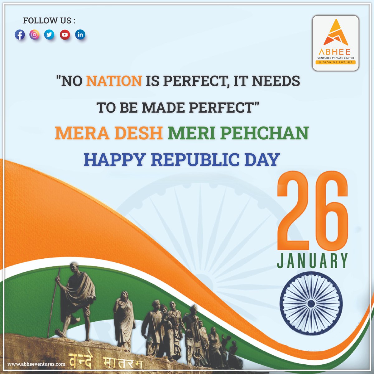 AbheeVentures's tweet photo. Abhee Ventures - Happy Republic Day 2023
Let's honor our freedom heroes on this momentous occasion of the 74th Republic Day and make our country proud.
https://t.co/QHPPX9wxER
#republicday2023 #repubicday #wishes #abheeventures https://t.co/WgIcklY7nA