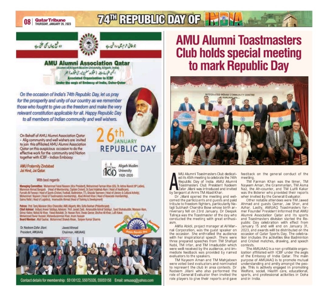 Happy Republic day
<a href="/Qatar_Tribune/">Qatar Tribune</a> <a href="/tojawed/">Jawed Ahmad</a> <a href="/SyedAmirMian111/">Syed Amir Mian Journalist</a> <a href="/frankislam/">Frank Islam</a> <a href="/mmsbeg/">Sufyan Beg</a> <a href="/AMUNetwork/">AMU Network</a> <a href="/AMUofficialPRO/">Aligarh Muslim University</a> <a href="/ProfTariqManso1/">Tariq Mansoor</a> <a href="/jmiu_official/">Jamia Millia Islamia (NAAC A++ Grade Central Univ)</a> <a href="/ICBF_Qatar/">ICBF</a> <a href="/IndEmbDoha/">India in Qatar</a>