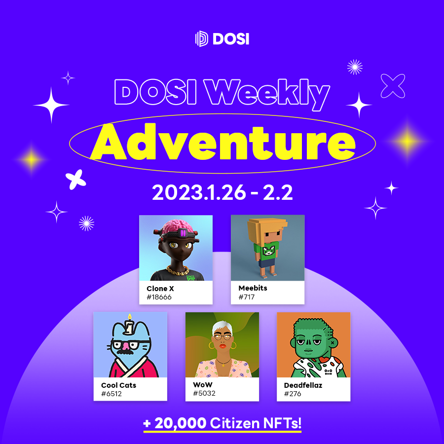 DOSI_official's tweet photo. DOSI Weekly Adventure OPEN (1.26-2.2) 

🔥🔥Blue-chip NFTs every week!🔥🔥
This week's lineup👉 @RTFKT @MeebitsNFTs @coolcats @worldofwomennft @Deadfellaz 
 
Go now to DOSI Weekly Adventure👇
https://t.co/Xw9U9aehD4 

#NFTraffle #NFTGiveaway https://t.co/7dDCJMBHAr