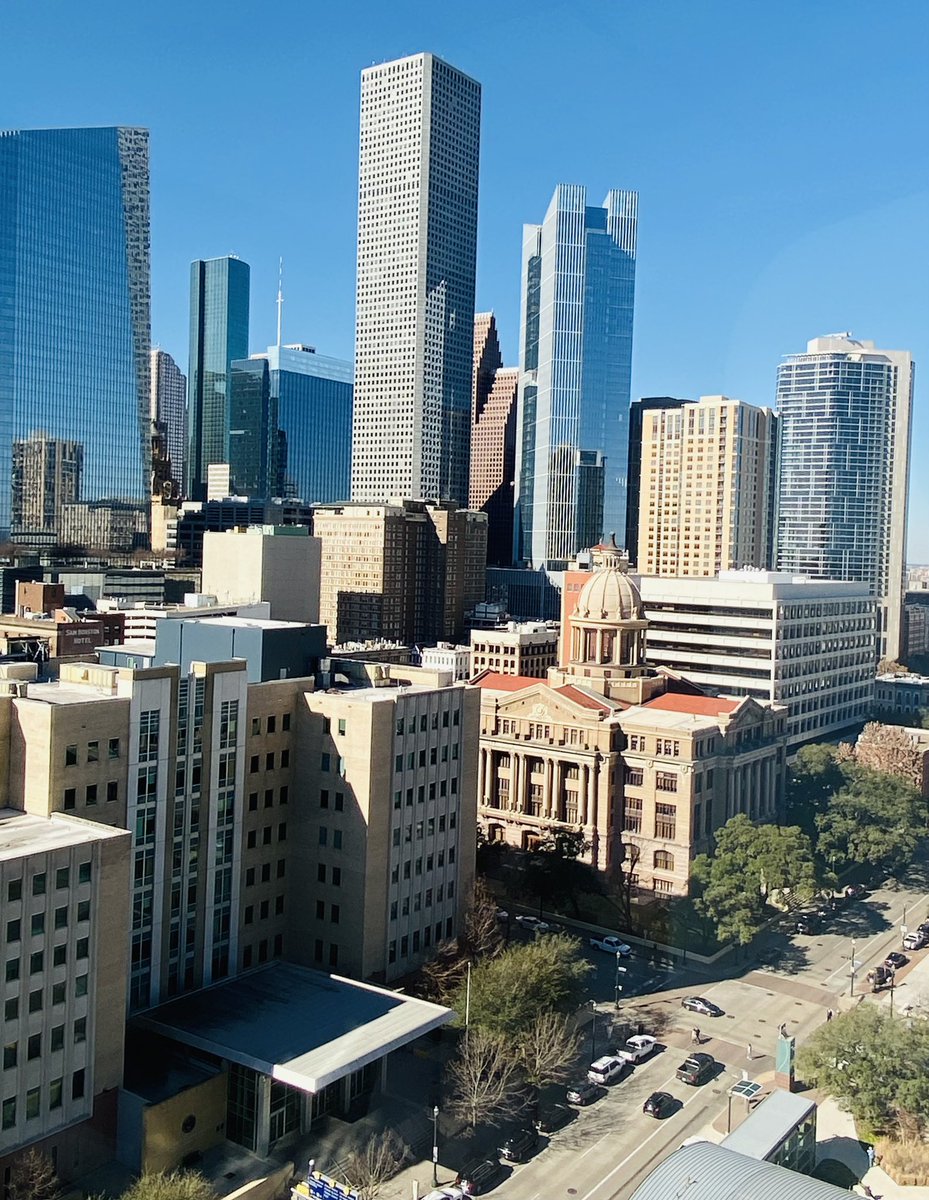 chris_kratovil's tweet photo. A really nice view of the gorgeous 1910 Harris County Courthouse (now home to the Texas 1st and 14th Courts of Appeals) from the current 17-story Harris County Civil Courthouse. #Courthouses #TexasCourthouses #AppellatePlaces #Houston https://t.co/LBHpm4VrWU