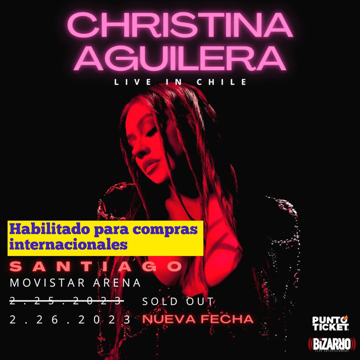 ¡POR FIN!👏🏼🤩❤️‍🔥 Los conciertos de <a href="/xtina/">Christina Aguilera</a> en #Chile están habilitados para comprar 🎫 con tarjetas de crédito de otros países 👏🏼👏🏼👏🏼 

Por lo que si eres de 🇦🇷 🇵🇪 🇧🇴 🇵🇾 🇺🇾 🇧🇷 🇪🇨 🇨🇴 🇻🇪 , ya puedes comprar tu entrada para venir el 25 y el 26 de febrero a ver a #XtinaEnChile 🇨🇱
