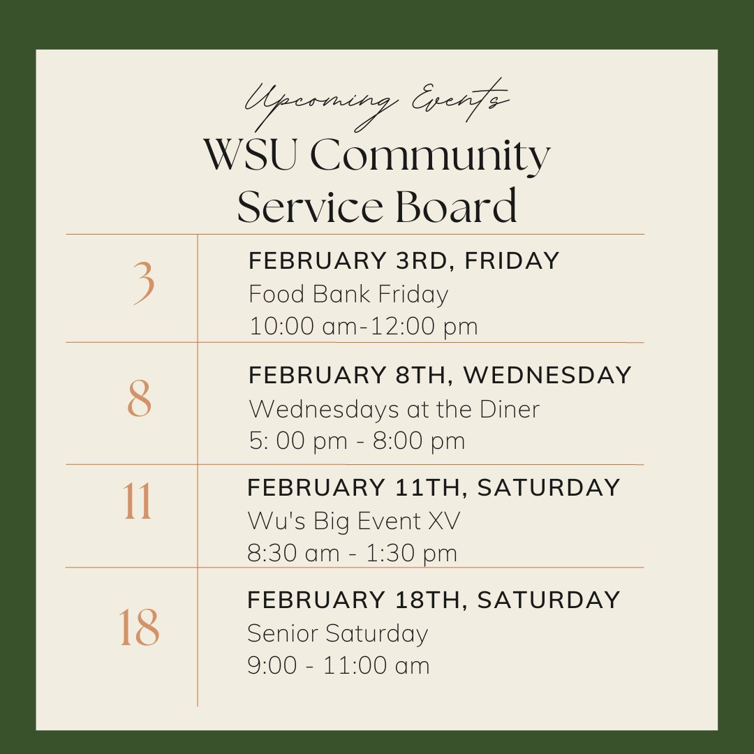 WSU_CSB's tweet photo. Looking for a volunteer opportunity?

We have so many great events to look forward to this semester! Join us and sign up on VolunteerICT or follow the link in our bio! https://t.co/rsRI32chZa