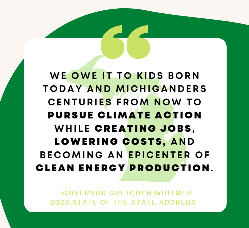 MichiganEGLE's tweet photo. “Last year, we unveiled the MI Healthy Climate Plan, and this year, we should make bold investments in climate action to deliver on its targets. Let’s get it done.” @GovWhitmer #MISOTS23 https://t.co/7T4l5VQcG1