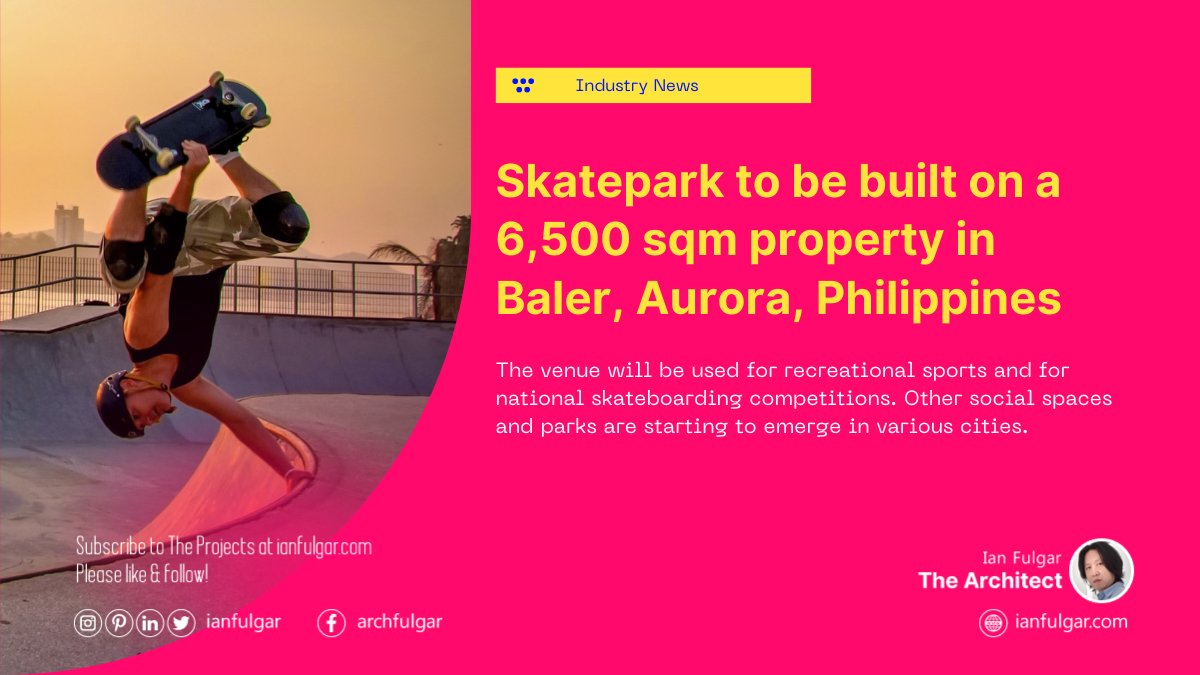 The skatepark venue may be utilized for both recreational and national skateboarding events. #skatepark #skating #rollerskating #figureskating #parksandrecreation #skateparks #parksville #speedskating #goparks #socialspaces #skateboarders #philippines #baler #aurora #socialspaces