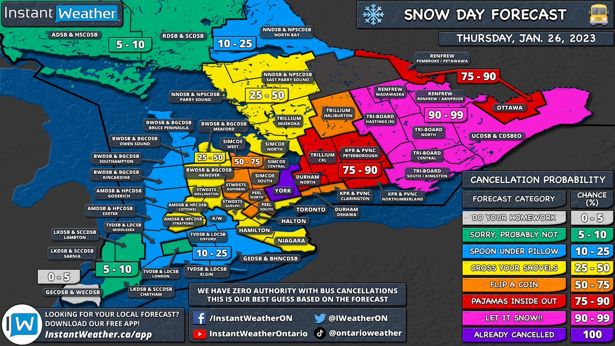 IWeatherON's tweet photo. #ONStorm #ONwx Here is your 'Snow Day' (School Bus Cancellation) Forecast for Thursday, January 26, 2023.

Click here to view the forecast: https://t.co/zjL4cjm6FX https://t.co/x8lXhg4jla