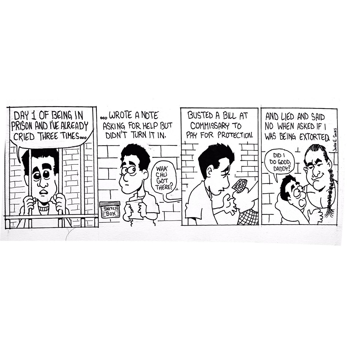 Thinking back to  my first day 
#comicstrip #webcomic #prison #prisonhumor #prisoncartoons #funnyshit #comic #cartoon #gagcartoon #webcomic #comix #funnyshit #cartoonportraits #sanantonioartist #drawing  #cartoon #cartoonist  #artsndrafts #dayoneofprison #firstdayinprison