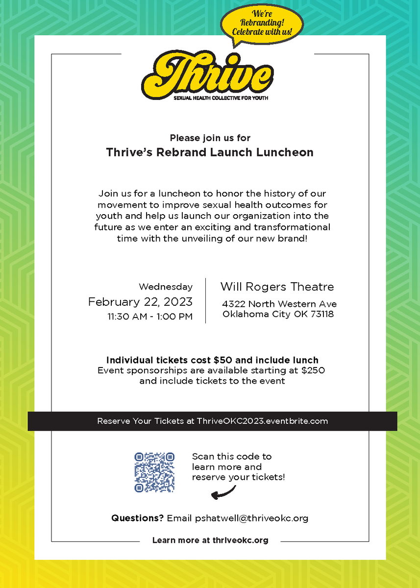 Have you reserved your tickets to celebrate with us at our Rebrand Launch Luncheon on 2/22/23 yet?! 😍
Learn more about the event and reserve your tickets at ThriveOKC2023.eventbrite.com