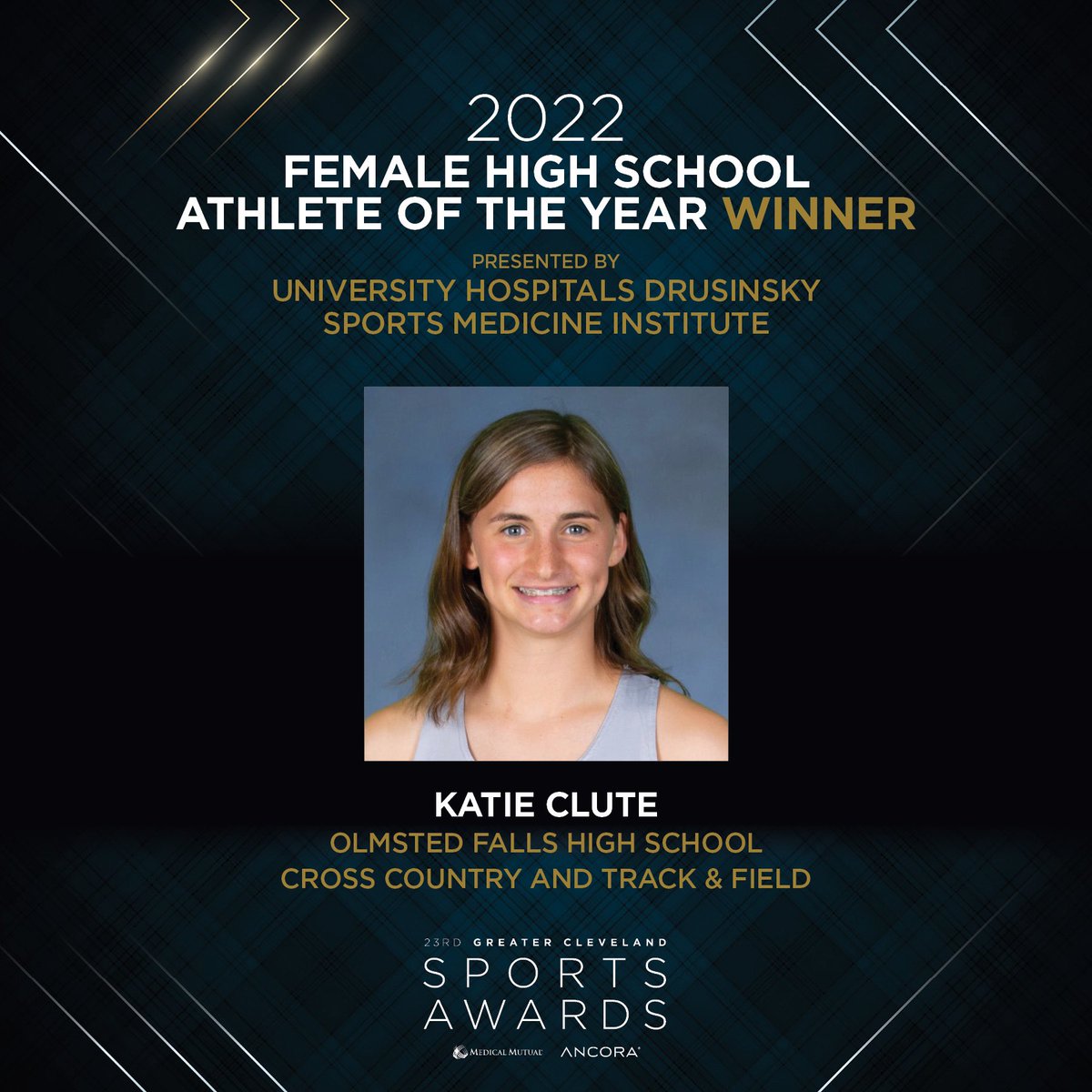 CLESports's tweet photo. .@crazyrabbitkc | 2022 Female High School Athlete of the Year p/b @UHospitals #SportsMed 🏆

Congrats to this @OFHS_track 2022 @OHSAASports DI XC Champ! 🏃‍♀️ Katie will continue her athletic career w/@OregonTF.

Learn more: https://t.co/7whfOl9tLU

#CLESportsAwards | #ThisisCLE https://t.co/wpaHJsDcFI