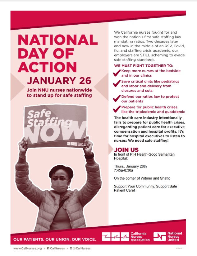 CLUE_OC's tweet photo. Support NNU nurses nationwide tomorrow 1/26 by joining a National Day of Action to advocate for safe staffing practices! Make your voice heard by joining nurses in front of PIH Health-Good Samaritan Hospital on the corner of Witmer &amp; Shatto bright and early from 7:45-8:30am. https://t.co/71ju8qRvGF