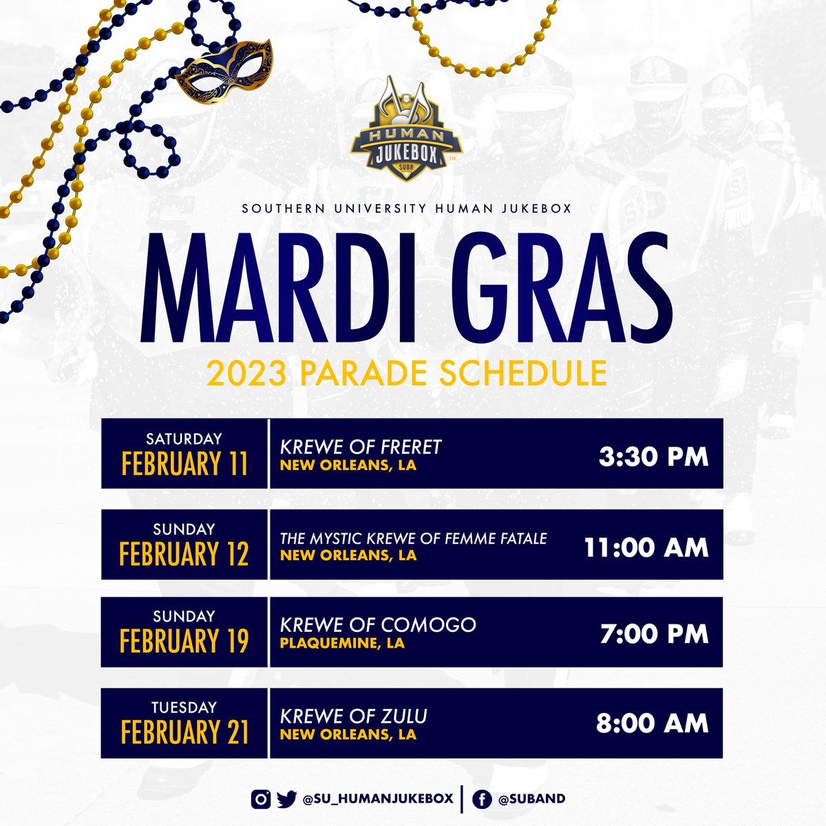 🚨2023 Mardi Gras Parade Schedule 🚨 Jaguar Rocking down a street near you! Laissez Les Bons Temps Rouler! 💜💚💛 #HumanJukebox #ParadeSeason2023