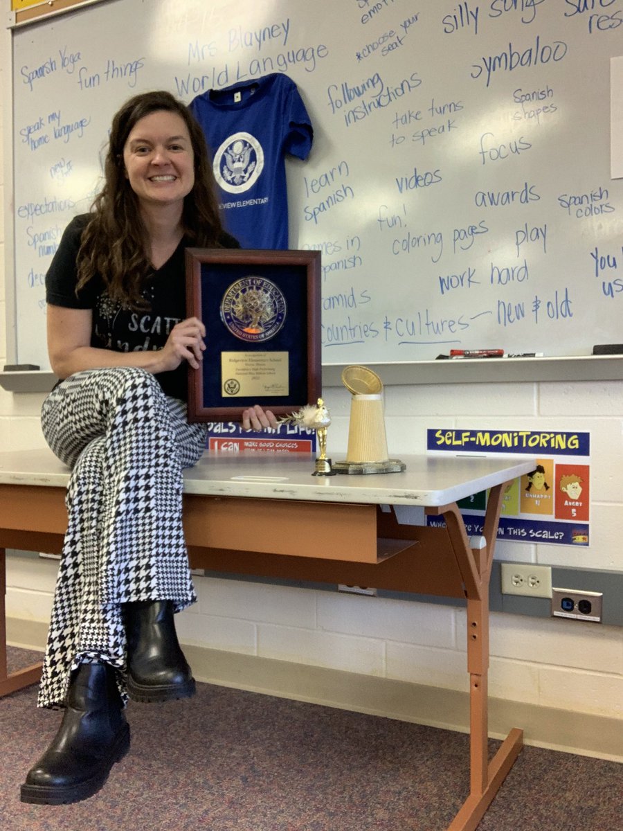 WhitneyBlayney's tweet photo. This week I hosted our #NBRS2022 aware in my classroom. I displayed it with my other prestigious awards — Pie Eating Contest champion &amp; Peep War champ! @RidgeviewLearns #323learns https://t.co/wcn72vK521