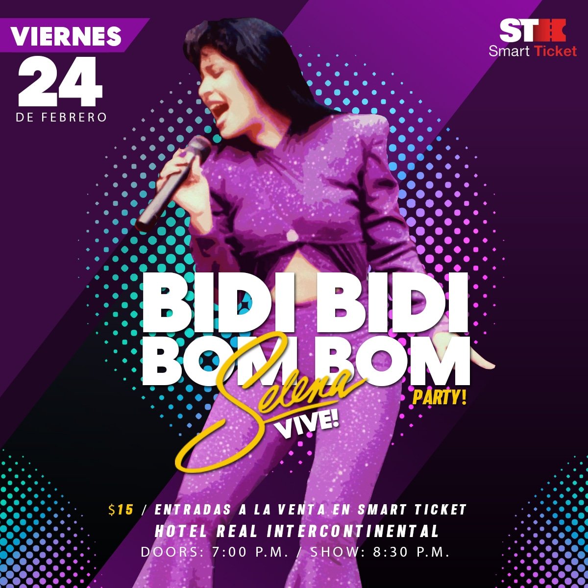 Promusica_sv's tweet image. 💥💯🎉#bidibidibombom #Party #SelenaVive 💃 Disfruta de los grandes éxitos de la reina del Tex Mex en una velada llena de mucha música para cantar y bailar.
🗓️ Viernes 24 febrero.
🕖 Abren puertas: 7:00pm
🏨 Hotel @InterConti_SAL
🎫 Entrada $15
🛒A la venta en @SmartTicketca