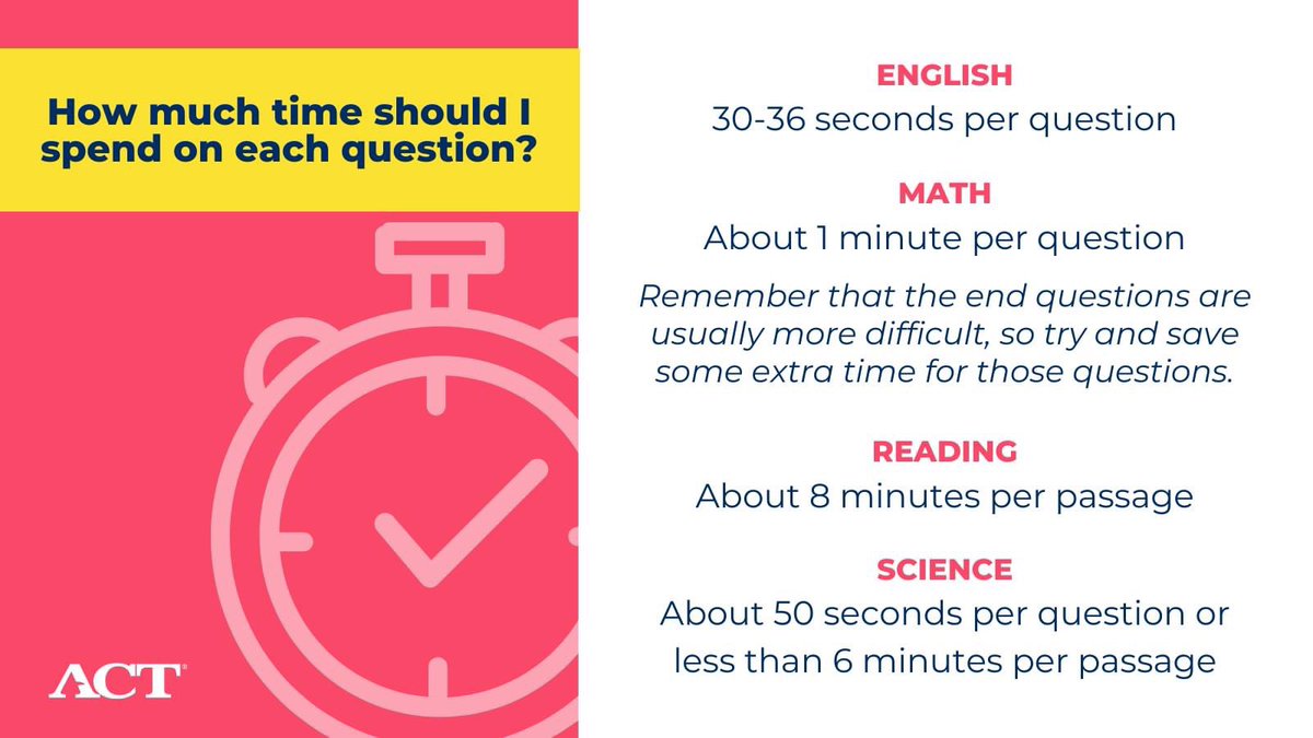 There's no one perfect answer, but if you're struggling with time management on the ACT, try focusing on the time spent on each question or passage. #ACTtest