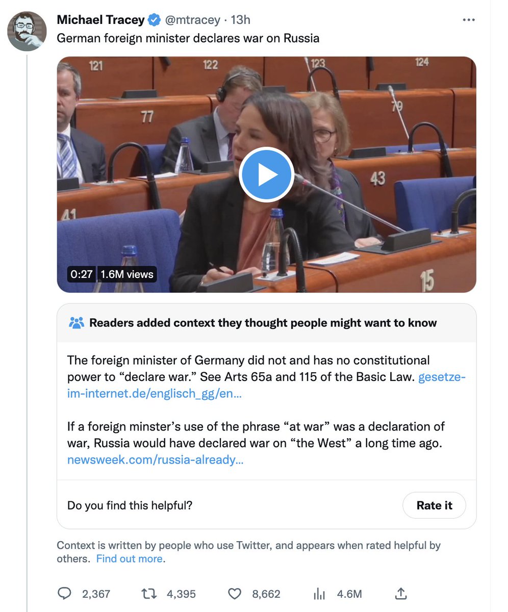 mtracey's tweet photo. These dopey little "context" boxes that Twitter slaps onto tweets now are so stupid. This woman said "we are fighting a war against Russia" and I'm getting **debunked** by Twitter mods because it's not a formal, legally actionable "declaration of war," which nobody even suggested https://t.co/9kiMgOPXqn