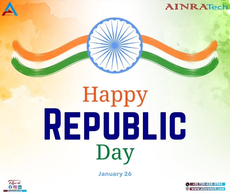 ainratech's tweet photo. Wish you all a very Happy Republic Day! 

#RepublicDay #Republicday2023 #india #HappyRepublicDay #AINRATech https://t.co/rw9LbkY47K