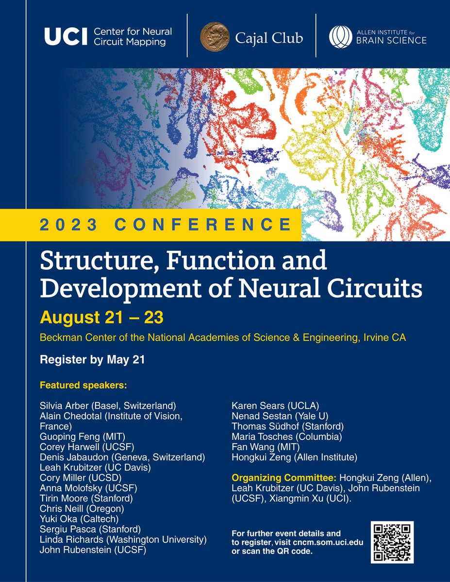 Please join us in our exciting in-person conference (08/21-23/2023) (cncm.som.uci.edu/2023-cncm-conf…) sponsored by the Cajal Club, the Allen Institute, and the UCI Neural Circuit Mapping Center.  Registration by May 21, 2023.