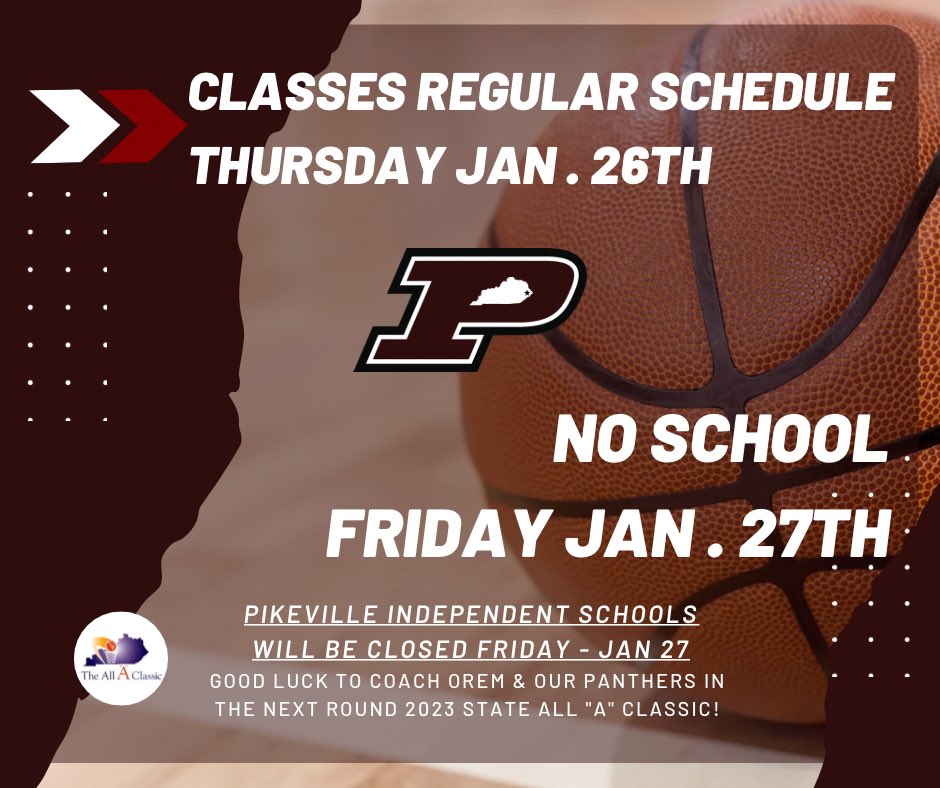 Pikeville Schools (@pikevilleind) on Twitter photo Congratulations! PHS Girls Basketball team on their win in the first round of the All A State Tournament. They play again Fri, Jan 27th 10:30 on the campus of EKU. <a href="/PikevilleInd/">Pikeville Schools</a> will be on regular schedule Thur, Jan 26th & there will be no school Fri, Jan 27th. Go Panthers! Congratulations! PHS Girls Basketball team on their win in the first round of the All A State Tournament. They play again Fri, Jan 27th 10:30 on the campus of EKU. <a href="/PikevilleInd/">Pikeville Schools</a> will be on regular schedule Thur, Jan 26th & there will be no school Fri, Jan 27th. Go Panthers!