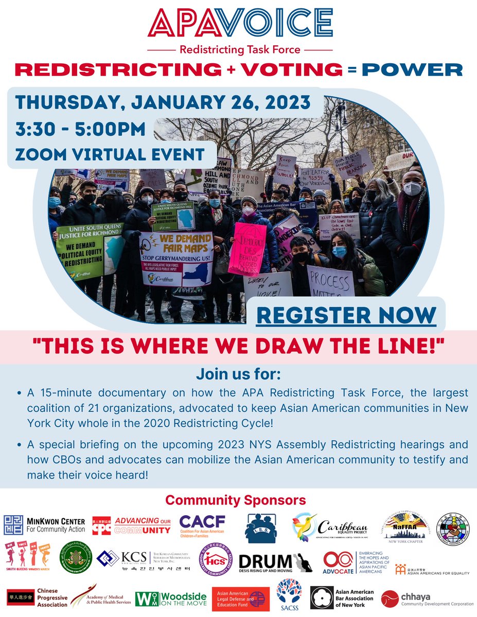 aaaricuny's tweet photo. Join @apavoicenewyork for “This Is Where We Draw The Line,” a special briefing 1/26 on the upcoming NYS Assembly redistricting public hearings and how your community can get involved. RSVP, https://t.co/moe16X6evU #redistricting #newyorkstate #nysassembly #newyork #apavoice https://t.co/0HBlLminUJ