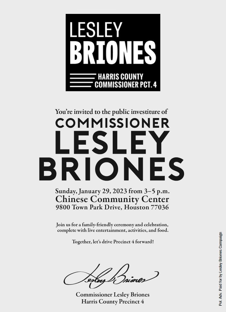 ROADwomenTX (@roadwomentx) on Twitter photo Our newest Harris County Commissioner, Pct. 4 Commissioner <a href="/LesleyBrionesTX/">Lesley Briones</a> , is having a family friendly ceremony/celebration this Sunday and has invited all to join. This free event will have plenty of entertainment and food! Our newest Harris County Commissioner, Pct. 4 Commissioner <a href="/LesleyBrionesTX/">Lesley Briones</a> , is having a family friendly ceremony/celebration this Sunday and has invited all to join. This free event will have plenty of entertainment and food!