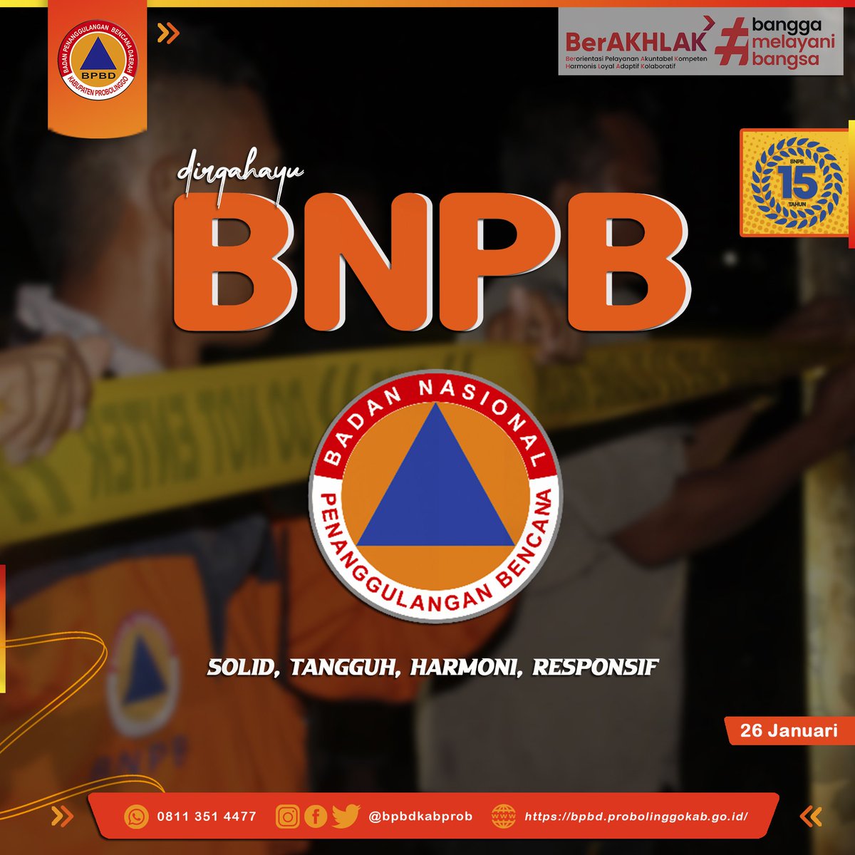 Selamat Ulang Tahun BNPB! Mari Kita dukung BNPB semakin Solid, Tangguh, Harmoni dan Responsif dalam Penyelenggaraan Penanggulangan Bencana. 

#hutbnpb 
#hutbnpb15
#bnpb
