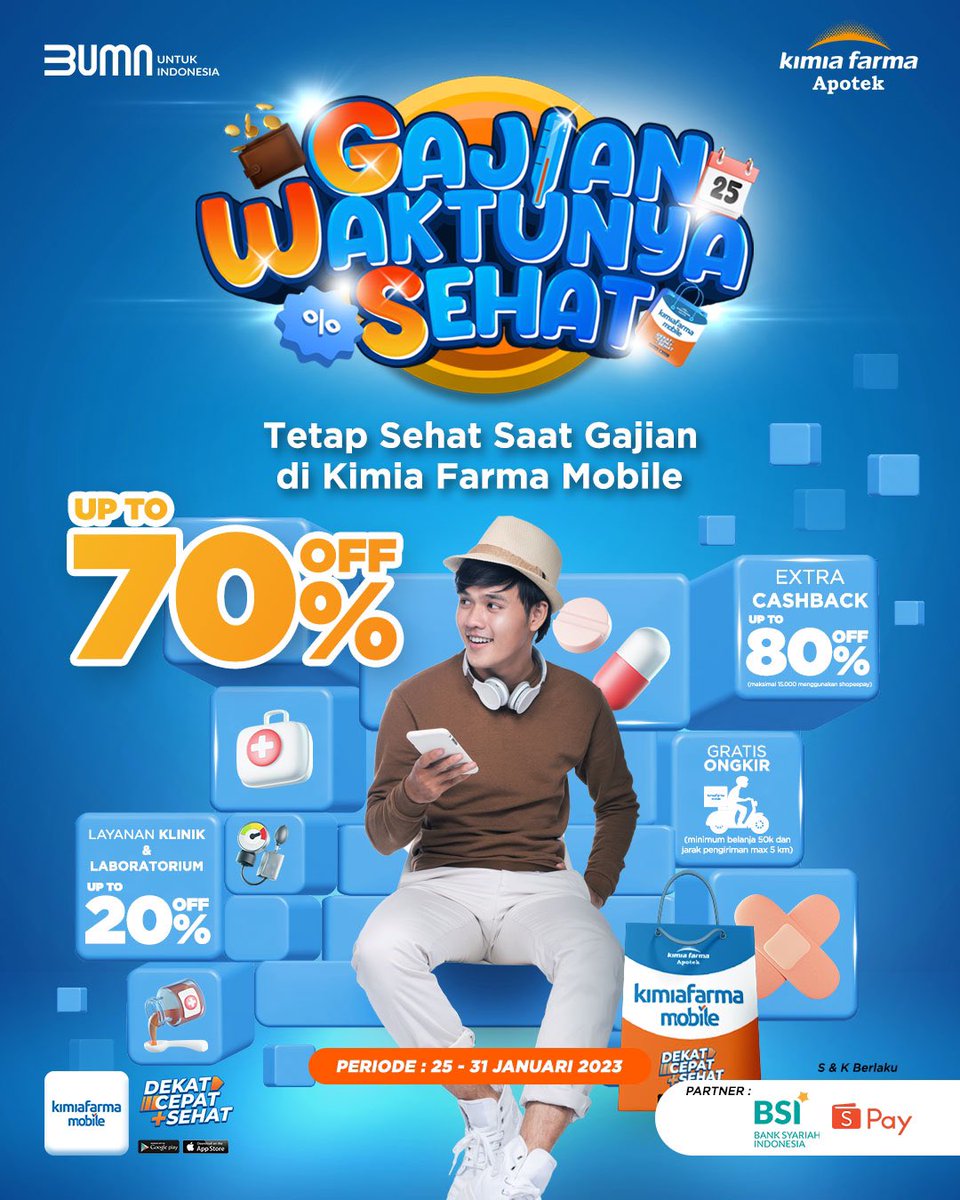 KFMobile_id's tweet photo. ❗PAYDAY PAYDAY❗

Promo #GajianWaktunyaSehat balik lagi! Ssstt, diskon sampai 70% lho!🔥

Jangan sampai ketinggalan, periode diskon 25 - 31 Januari 2023. Yuk langsung checkout produk kesehatanmu di Kimia Farma Mobile💸

#DekatCepatSehat #KimiaFarmaMobile https://t.co/JbssLdKHgw