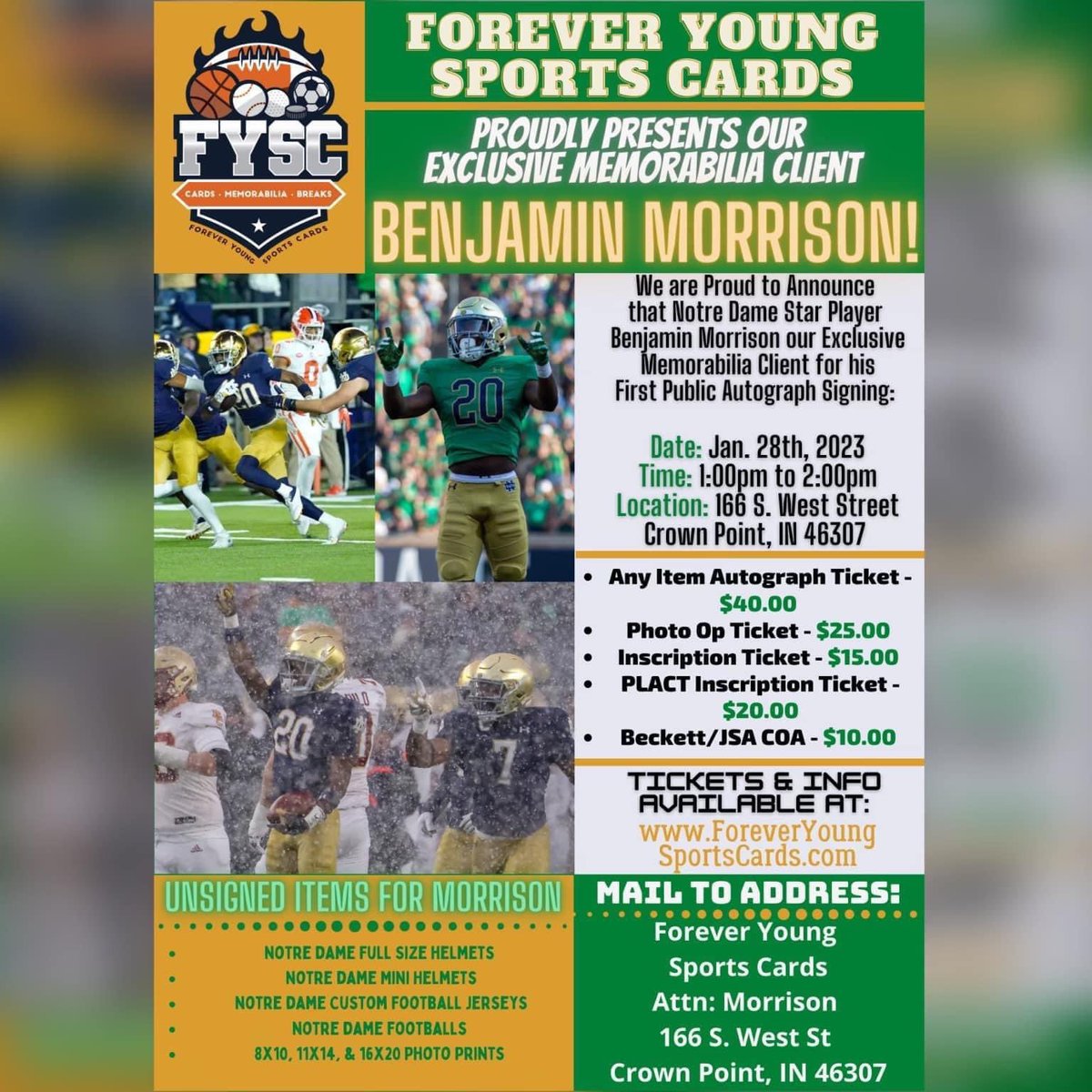 FYSC_cards's tweet photo. Don’t Forget this Saturday in Store! Come meet Freshman Phenom BENJAMIN MORRISON! He will be signing autographs and taking pictures with fans from 1:00pm to 2:00pm in our store! We look forward to seeing there! We will have large selection #FYSC #BenMorrison #NotreDame #Irish https://t.co/QhIdnIe4KS