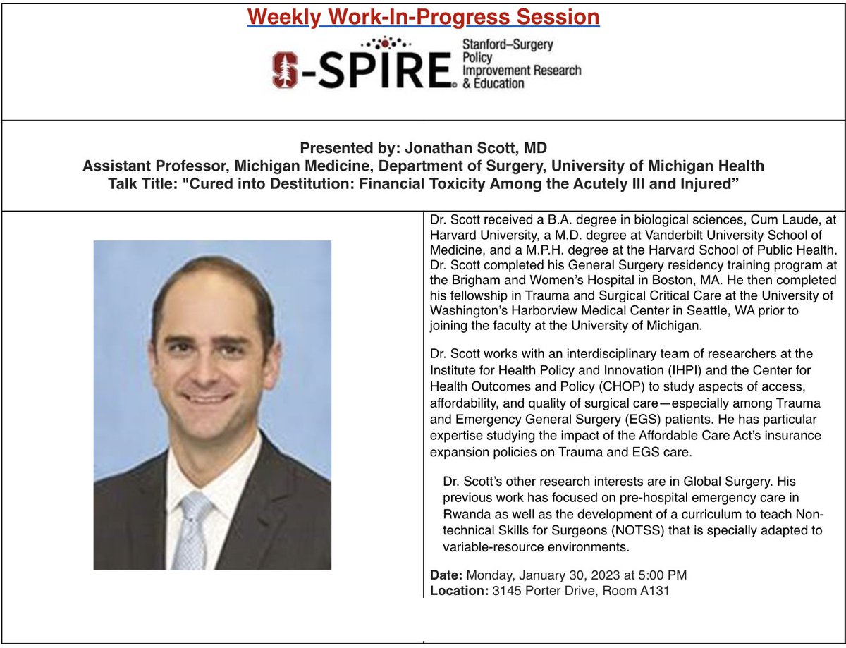 Excited to welcome @DrJohnScott to our WIP this Monday (1/30). Tune in at 5PM Pacific for 'Cured into Destitution: Financial Toxicity Among the Acutely III and Injured.' @StanfordSPIRE