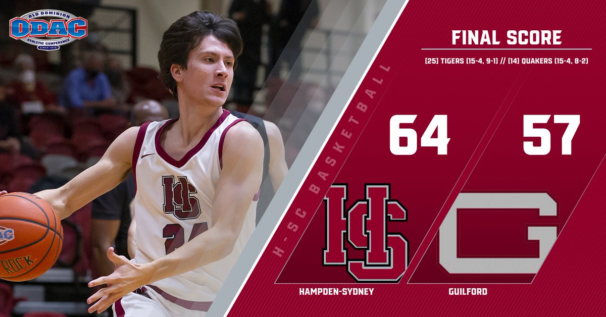FINAL | 25th-ranked <a href="/HSCBasketball/">H-SC Basketball</a> defeats visiting and 14th-ranked Guilford (NC) 64-57 | Adam Brazil with 15 points, Davidson Hubbard with 12 points, 11 rebounds, Alex Elliott with 10 points off the bench and Josiah Hardy with 8 points. #RollTigers🐅 #GID #SOE #ODAC #d3hoops