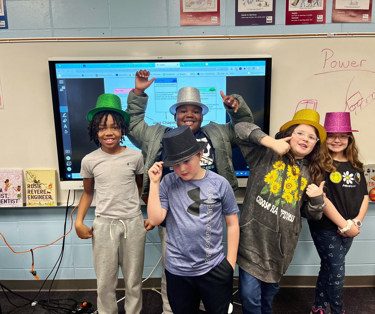 MrsV_GT's tweet photo. Podcasts in the Classroom! Using the 6 thinking hats strategy to dig deeper into the journey of Iowa Chapman and The Last Dog. @alabamagifted #algifted @gzmshows #golumio https://t.co/HwhbwfQ7ON