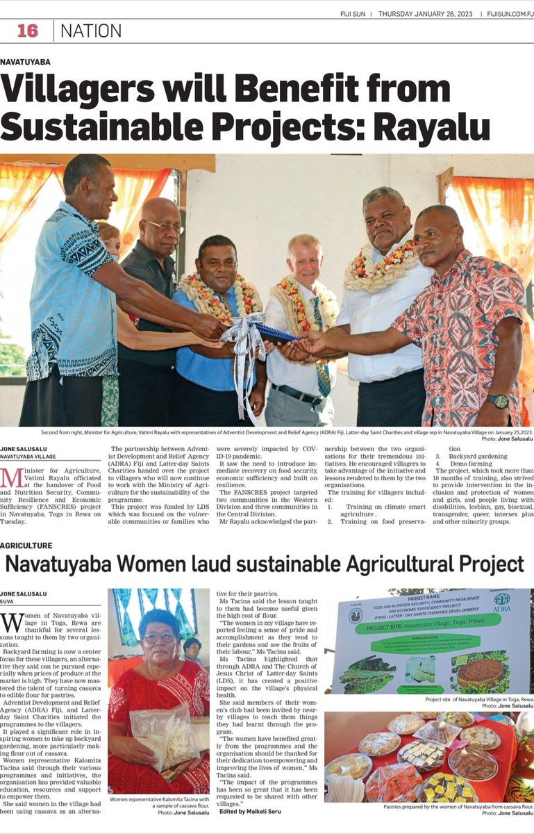 #ADRAintheNews Featured in today's <a href="/sun_fiji/">Fiji Sun</a>, coverage of the exit handover of our <a href="/ldscharities/">LDS Charities</a> funded FANSCRES project &amp; its impacts in Navatuyaba in Rewa. Vinaka <a href="/FijiAgriculture/">Agriculture Fiji</a> for the support! 
Similar ✍ ⬇️
m.facebook.com/story.php?stor…