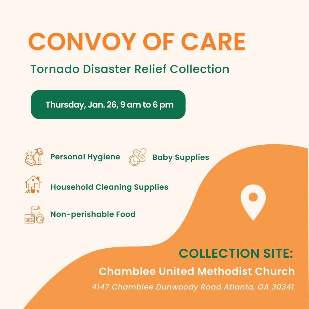 Atlanta Peach Movers will be helping out with tornado disaster relief tomorrow. Come join us in donating to the victims of the tornado at Chamblee United Methodist Church 🧡