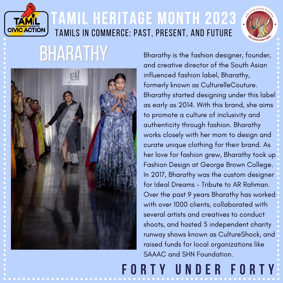 |40 Under 40|

*Bharathy Vivekanantham*

#TamilHeritageMonth2023 #TamilCivicAction #TamilHeritageMonthCouncil #40under40 #tamilsintrades #tamilsincommerce #tamilsinbusiness