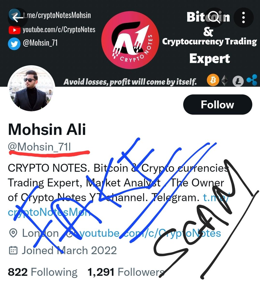 Fake Twitter Account. Report to this scammer

Fake Twitter ID 👇
@Mohsin_71l
Report and Block it ⛔️

I will Never DM/Message you First. If I message you or ask for personal chat then you can immediately block me. 🚫