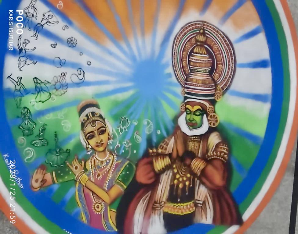 aiims_jodhpur's tweet photo. Talent of Nursing Officer &amp; her colleagues at #AIIMSJodhpur: Kavita Suthar’s Rangoli depicting cultural dances across India on Republic Day is drawing huge applause. Draws notable rangoli on all occasions of Institute. @narendramodi @mansukhmandviya @MoHFW_INDIA @MinOfCultureGoI https://t.co/jlUcqjp2hz