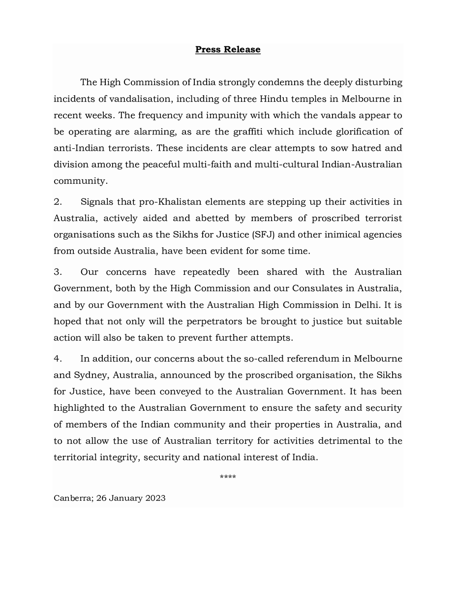 ANI's tweet photo. High Commission strongly condemns the deeply disturbing incidents of vandalisation, incl of 3 Hindu temples in Melbourne in recent weeks. These are clear attempts to sow hatred &amp; division among peaceful multi-faith Indian-Australian community: High Commission of India, Canberra https://t.co/Yc4X58EYMf