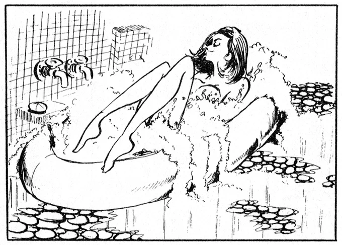 モンキー・パンチ先生の『ルパン三世』からのヒトコマ。
入浴してる女性からも浴室からも、日本的な雰囲気が微塵も感じられないが、60年代後半の日本の週刊漫画誌からのヒトコマである。
モンキー先生の絵のスタイルが当時、いかに先進的でオシャレだったかが、この絵だけでもわかるだろう。 