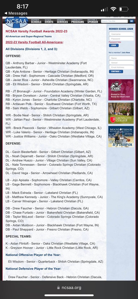 Bodie Neal (@bodieneal9) on Twitter photo Thank you NCSAA for naming me the Central Region Super Team and the All American Team!!! 🙌🏻🙌🏻
@JeffConawaySC <a href="/Coach_JGill/">Jacob Gill</a> <a href="/JoshBarrettSC/">Josh Barrett</a> <a href="/CoachGrigg/">Carter Grigg</a> <a href="/ShilohSaintsFB/">Shiloh Christian Football</a> <a href="/PaulSimmonsHU/">Paul Simmons</a> @CoachBray_HU <a href="/camtucker04/">Cameron Tucker</a> <a href="/Harding_FB/">Harding Football</a> <a href="/RRainwater1037/">Randy Rainwater</a> <a href="/NWAChip/">CHIP SOUZA | Hawgs Sports Network</a> <a href="/ndosports/">Nate Olson</a> Thank you NCSAA for naming me the Central Region Super Team and the All American Team!!! 🙌🏻🙌🏻
@JeffConawaySC <a href="/Coach_JGill/">Jacob Gill</a> <a href="/JoshBarrettSC/">Josh Barrett</a> <a href="/CoachGrigg/">Carter Grigg</a> <a href="/ShilohSaintsFB/">Shiloh Christian Football</a> <a href="/PaulSimmonsHU/">Paul Simmons</a> @CoachBray_HU <a href="/camtucker04/">Cameron Tucker</a> <a href="/Harding_FB/">Harding Football</a> <a href="/RRainwater1037/">Randy Rainwater</a> <a href="/NWAChip/">CHIP SOUZA | Hawgs Sports Network</a> <a href="/ndosports/">Nate Olson</a>