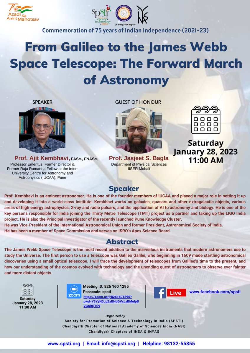 Join us this Saturday to know more about the Journey of Telescopes.
A lecture on Jan. 28 at 11 AM by @ajitkembhavi, Ex-Director @IUCAApune
Guest of Honour @jsbagla, Dean Academics, @IiserMohali
Zoom: 8261601295
Code: spsti
#ScienceOutreach
@SPSTI5, @IAU_org @INYAS_INSA @IndiaDST