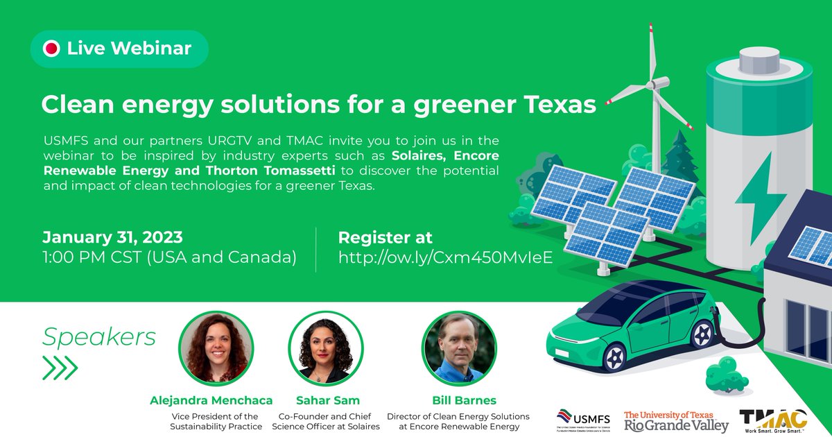 Te invitamos al #webinar "Clean energy solutions for a greener Texas”  impartido por expertos como Solaires, Encore Renewable Energy y Thorton Tomassetti dónde nos compartiran el potencial y el impacto de las tecnologías limpias en #Texas  Registro➡️: lnkd.in/eYhST2Yr