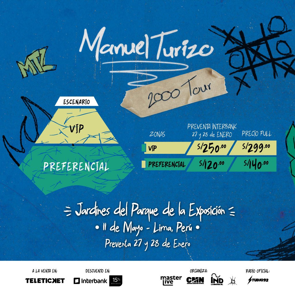 Estos son los precios de las entradas 🎫 para el concierto de <a href="/ManuelTurizoMTZ/">Manuel Turizo Zapata</a> en Lima 🇵🇪
¡Anota la fecha en tu calendario 🗓 y asegura tus entradas este Viernes en la web de Teleticket 💻📱 a un precio especial!

11 de Mayo del 2023 | Lima - Jardines del Parque de la Exposición