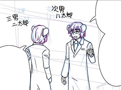 モブ担当のイ太郎の弟たち 顔はイ太郎と同じだと思えばいいです 出番が少ないので出るたびに補足描き文字が出ますw ハ太郎は今回長兄で所長のイ太郎に思う所があるので後半の出番が増えます。 ニ太郎のニはカタカナです三男なのでややこしいw