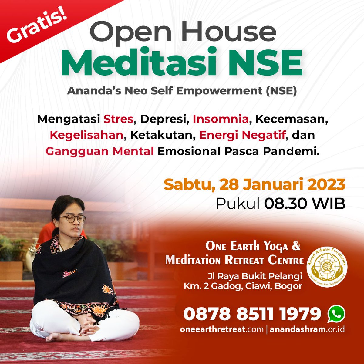 AnandAshram's tweet photo. #Undangan #Healing #Meditasi #GRATIS #Bogor
π#Sabtu 28 #Januari (08.30 WIB)
βοΈ087885111979
#SehatMental #KesehatanMental #SusahTidur #Insomnia #Stres #Depresi #Takut #Trauma #PikiranTenang #PenyembuhanDiri #Penyembuhan #SelfHealling #MeditasiBogor #BojongHonje #GunungGeulis https://t.co/hmCcWdklMZ
